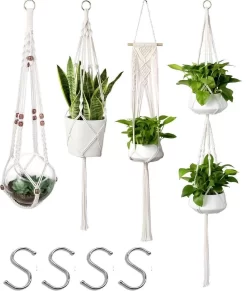 4 Stuks Plantenhangers - Boho Handgeweven Katoen Hangpot Voor Binnen/Buiten - Bloempot Met Kralen - Macramé Touw/Koord Hangplant Houder - Bohemian Wandhanger Decoratie - Verticale Tuin Plant Hanger Bloempothouder Planthanger Wit