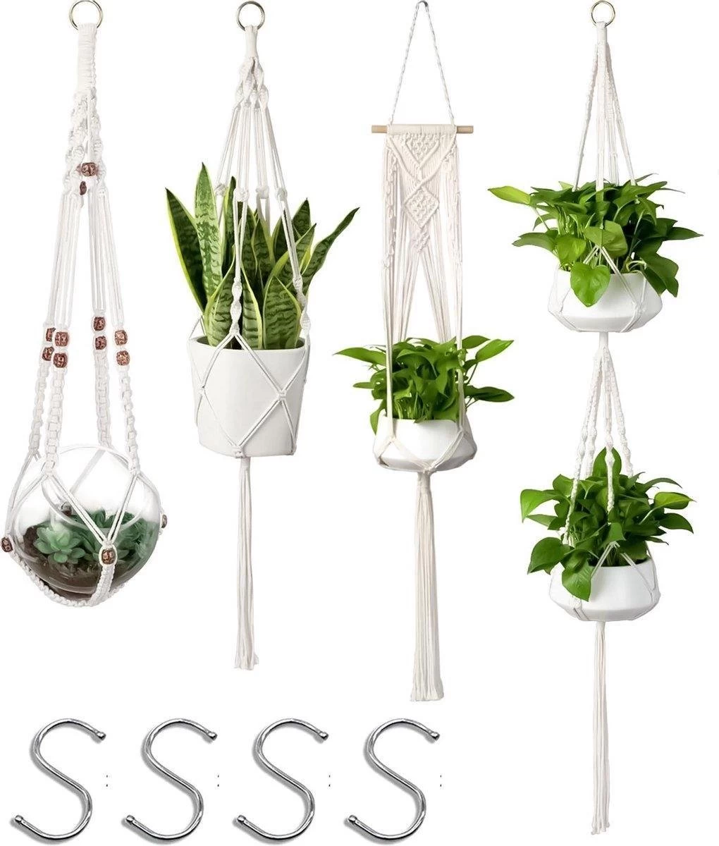 4 Stuks Plantenhangers - Boho Handgeweven Katoen Hangpot Voor Binnen/Buiten - Bloempot Met Kralen - Macramé Touw/Koord Hangplant Houder - Bohemian Wandhanger Decoratie - Verticale Tuin Plant Hanger Bloempothouder Planthanger Wit 1 4 Stuks Plantenhangers - Boho Handgeweven Katoen Hangpot Voor Binnen/Buiten - Bloempot Met Kralen - Macramé Touw/Koord Hangplant Houder - Bohemian Wandhanger Decoratie - Verticale Tuin Plant Hanger Bloempothouder Planthanger Wit