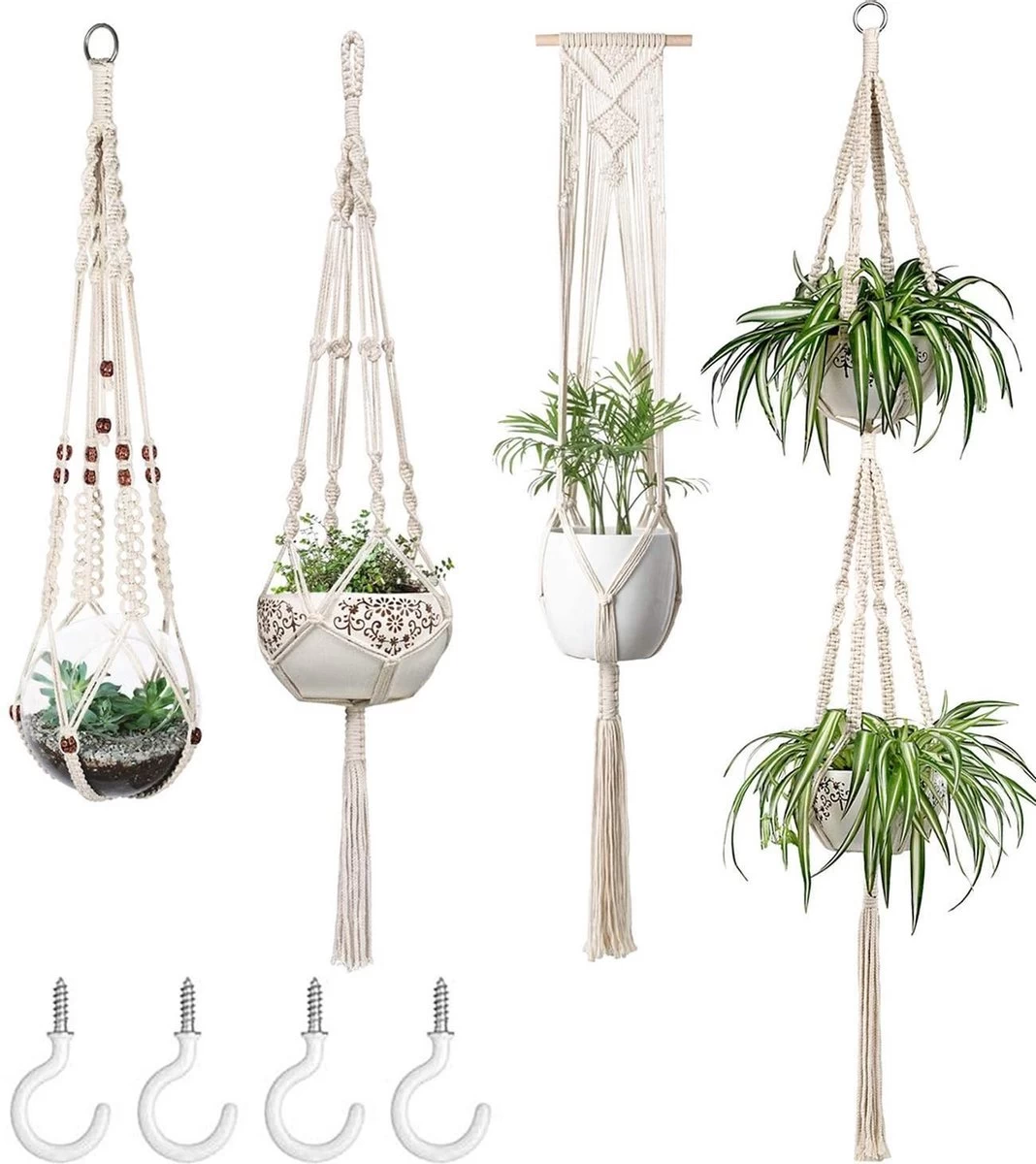 4 Stuks Plantenhangers - Boho Handgeweven Katoen Hangpot Voor Binnen/Buiten - Bloempot Met Kralen - Macramé Touw/Koord Hangplant Houder - Bohemian Wandhanger Decoratie - Verticale Tuin Plant Hanger Bloempothouder Planthanger Wit 7 4 Stuks Plantenhangers - Boho Handgeweven Katoen Hangpot Voor Binnen/Buiten - Bloempot Met Kralen - Macramé Touw/Koord Hangplant Houder - Bohemian Wandhanger Decoratie - Verticale Tuin Plant Hanger Bloempothouder Planthanger Wit - Afbeelding 7