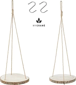 Set Van 2 Boomstam Rond Wandrek Plantenhangers - Boho Jute Houten Plantenrek - Hangpot Voor Binnen/Buiten - Hangende Bloempot Plank - Hangplant Houder - Bohemian Macrame Stijl Wandhanger - Hangplank Plant Hanger - Planthanger - Ø Rond 25-20cm -Tuin En Buiten 1073x1200 1