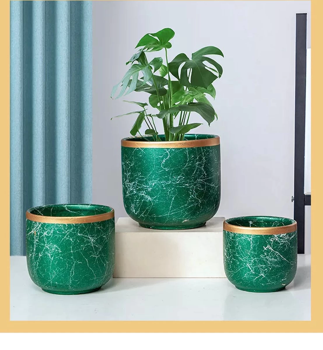 Bloempotten Binnen - Keramiek - Gouden Rand - Bloempot Buiten - Afvoergat 24 Cm - Groen – Groot 1 Bloempotten Binnen - Keramiek - Gouden Rand - Bloempot Buiten - Afvoergat 24 Cm - Groen – Groot