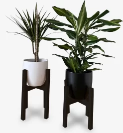 Plantenstandaard Binnen - Set Van 2 - Diameter Tot 24 Cm - Plantenkruk - Bloempotten Voor Binnen - Plantentafeltje Voor Binnen - Bloempot Standaard - Plantenstandaard - Hout - Mat Zwart/Donkergrijs