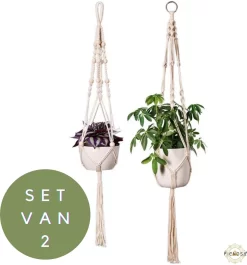 Plantenhanger - Plantenhanger Macrame - Set Van 2 - Wit - Knopen - Luxe Gevlochten Touw - Met Ophang Haken - Fienosa -Tuin En Buiten 1118x1200 2
