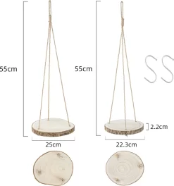 Set Van 2 Boomstam Rond Wandrek Plantenhangers - Boho Jute Houten Plantenrek - Hangpot Voor Binnen/Buiten - Hangende Bloempot Plank - Hangplant Houder - Bohemian Macrame Stijl Wandhanger - Hangplank Plant Hanger - Planthanger - Ø Rond 25-20cm -Tuin En Buiten 1121x1200 2