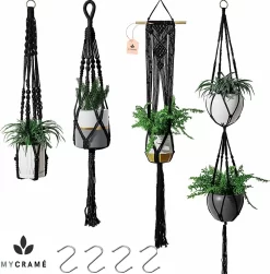 4 Stuks Luxe Macrame Plantenhangers - Boho Handgeweven Katoen Hangpot Voor Binnen/Buiten - Hangende Bloempot Met Kralen - Macramé Touw/Koord Hangplant Houder - Bohemian Wandhanger Decoratie - Plant Hanger - Verticale Tuin Bloempothouder Planthanger
