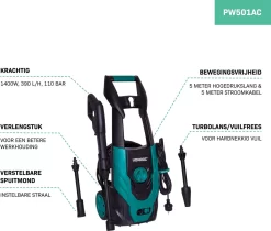 VONROC Hogedrukreiniger V14-1 - 1400W – 110 Bar – 390 L/h – Incl. 5m Slang, Spuitstukken En Accessoires -Tuin En Buiten 1200x1022