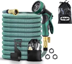 IBright Extra Sterke Uitrekbare Tuinslang - Flexibel - 15 Meter - Inclusief Opbergtas ,Sproeier ,Koppelstuk En Ophanghaak - Groen