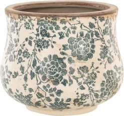 Clayre & Eef Bloempot Ø 21x17 Cm Beige Groen Keramiek Rond Bloemen Bloempot Binnen Plantenpot Plant Pot