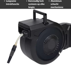 Buxibo - Wandslangenbox 20 Meter + 2 Meter - Tuinslang Met Haspel - 9 Sproei Standen - Slangenhouder 180° Draaibaar - Tuinslanghaspel Zwart+ Gratis Sproeier - Zwart -Tuin En Buiten 1200x1161