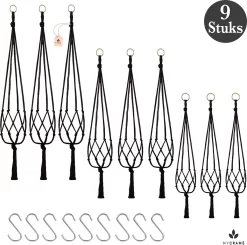 9 Stuks Zwart Macrame Plantenhangers - Boho Handgeweven Katoen Hangpot Voor Binnen/Buiten - Hangende Bloempot Met Kralen - Macramé Touw/Koord Hangplant Houder - Bohemian Wandhanger Decoratie - Plant Hanger - Verticale Tuin Bloempothouder Planthanger