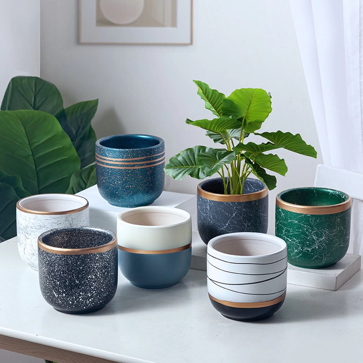 Bloempotten Binnen - Keramiek - Gouden Rand - Bloempot Buiten - Afvoergat 24 Cm - Wit Zwart – Groot 4 Bloempotten Binnen - Keramiek - Gouden Rand - Bloempot Buiten - Afvoergat 24 Cm - Wit Zwart – Groot - Afbeelding 4