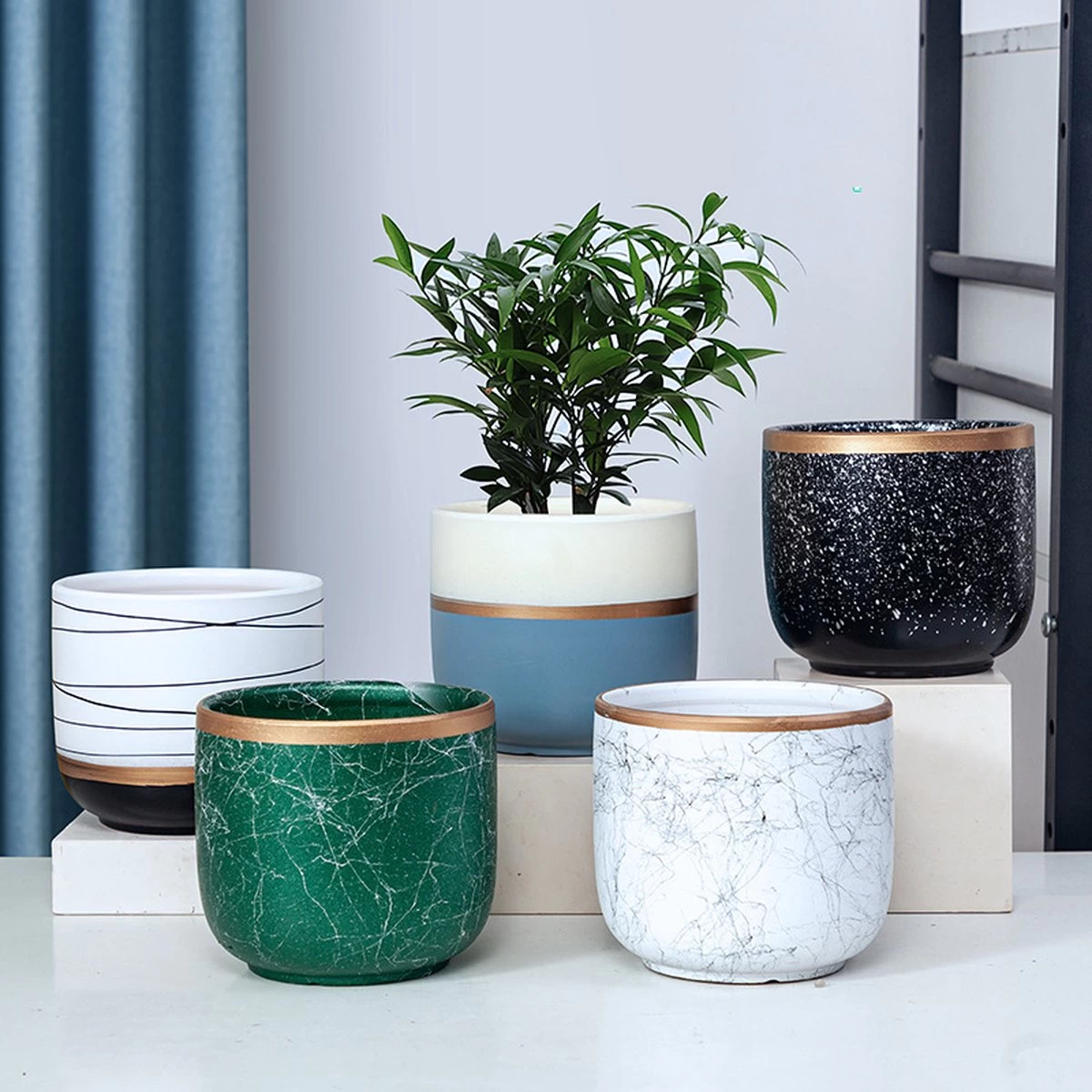 Bloempotten Binnen - Keramiek - Gouden Rand - Bloempot Buiten - Afvoergat 24 Cm - Groen – Groot 4 Bloempotten Binnen - Keramiek - Gouden Rand - Bloempot Buiten - Afvoergat 24 Cm - Groen – Groot - Afbeelding 4