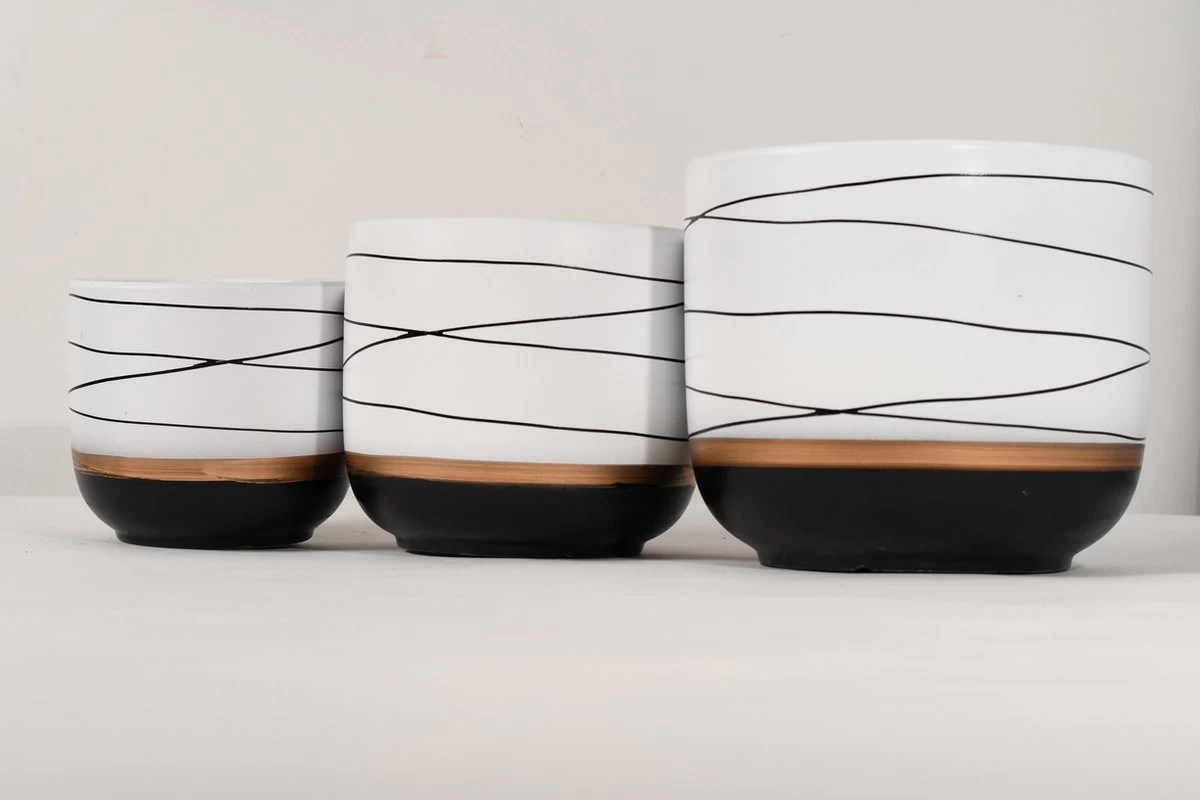 Bloempotten Binnen - Keramiek - Gouden Rand - Bloempot Buiten - Afvoergat 24 Cm - Wit Zwart – Groot 5 Bloempotten Binnen - Keramiek - Gouden Rand - Bloempot Buiten - Afvoergat 24 Cm - Wit Zwart – Groot - Afbeelding 5