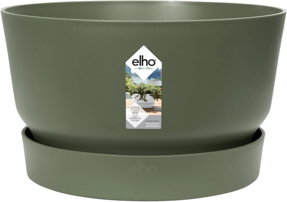 Elho Greenville Schaal 33 - Bloempot Voor Buiten - Ø 32.5 X H 19.4 Cm - Groen/Blad Groen 2 Elho Greenville Schaal 33 - Bloempot Voor Buiten - Ø 32.5 X H 19.4 Cm - Groen/Blad Groen - Afbeelding 2