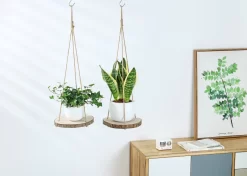 Set Van 2 Boomstam Rond Wandrek Plantenhangers - Boho Jute Houten Plantenrek - Hangpot Voor Binnen/Buiten - Hangende Bloempot Plank - Hangplant Houder - Bohemian Macrame Stijl Wandhanger - Hangplank Plant Hanger - Planthanger - Ø Rond 25-20cm -Tuin En Buiten 1200x856 1