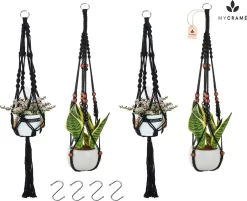 4 Stuks Zwarte Macrame Plantenhangers - Boho Handgeweven Katoen Hangpot Voor Binnen/Buiten - Hangende Bloempot Met Kralen - Macramé Touw/Koord Hangplant Houder - Bohemian Wandhanger Decoratie - Plant Hanger - Verticale Tuin Bloempothouder Planthanger