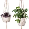 Plantenhanger - Plantenhanger Macrame - Set Van 2 - Wit - Knopen - Luxe Gevlochten Touw - Met Ophang Haken - Fienosa