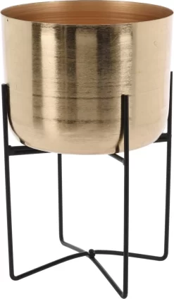 Merkloos Luxe Plantenpot/bloempot Goud Van 22 X 22 Cm Op Een Zwarte Metalen Standaard Met Een Hoogte Van 36 Cm